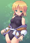  arm_warmers black_leotard blonde_hair breasts cowboy_shot green_background green_eyes kurogarasu leotard looking_at_viewer mizuhashi_parsee open_mouth pointy_ears short_hair small_breasts solo standing touhou turtleneck 