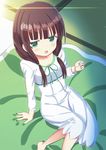  :o arm_support bangs barefoot blunt_bangs blush breasts brown_hair collarbone commentary_request dress foreshortening from_above futon gochuumon_wa_usagi_desu_ka? green_eyes hair_tie indoors long_hair long_sleeves looking_at_viewer low_twintails lowres mutou_riu nightgown open_mouth sitting sleepwear small_breasts solo tatami twintails ujimatsu_chiya white_dress 