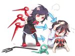  :t anger_vein asutora bangs barefoot black_dress black_hair black_legwear blush covering_head cowering d: dress eyebrows_visible_through_hair fang flying_sweatdrops hands_on_hips horns houjuu_nue kijin_seija knees_together_feet_apart looking_at_another multicolored_hair multiple_girls neck_ribbon one_eye_closed oni_horns open_mouth pantyhose pigeon-toed polearm pout red_eyes red_footwear red_ribbon ribbon shoes short_sleeves simple_background sitting snake standing streaked_hair tentacles touhou trident weapon white_background white_dress wings 