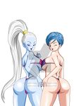  2girls ass bikini blue_eyes blue_hair blue_skin breasts bulma bulma_(dragon_ball) cleavage colored dannyjs611 dragon_ball dragon_ball_super eyelashes high_ponytail large_breasts long_hair looking_at_viewer multiple_girls one_eye_closed open_mouth parted_lips ponytail purple_eyes purple_lipstick shiny shiny_skin smile tongue vados_(dragon_ball) white_hair 