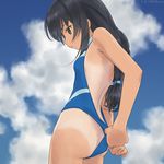  adjusting_clothes adjusting_swimsuit akagi_(fmttps) ass bare_back black_hair blue_sky blue_swimsuit brown_eyes closed_mouth cloud cloudy_sky competition_swimsuit cowboy_shot day expressionless girls_und_panzer halter_top halterneck lips long_hair low-tied_long_hair one-piece_swimsuit one-piece_tan outdoors profile reizei_mako sky solo swimsuit tan tanline 