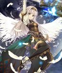  alicia_(valkyrie_profile_2) angel_wings black_legwear commentary_request headband holding looking_at_viewer nyoro_(nyoronyoro000) polearm silver_eyes silver_hair solo thighhighs valkyrie_profile valkyrie_profile_2 weapon wings zettai_ryouiki 