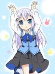  :o akarunto_kenkou_shimashita arms_up bangs black_skirt blue_background blue_eyes blue_footwear blue_neckwear blue_vest blush bow bowtie bunny_pose buttons collared_shirt comic commentary_request crescent eyebrows_visible_through_hair flat_chest flower gochuumon_wa_usagi_desu_ka? hair_ornament hairclip kafuu_chino kneehighs lavender_hair loafers long_hair long_sleeves looking_at_viewer open_mouth outline rabbit_house_uniform shirt shoes sidelocks skirt solo sparkle standing standing_on_one_leg star vest white_legwear white_outline white_shirt wing_collar x_hair_ornament 