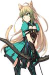  ahoge animal_ears arrow atalanta_(fate) bangs black_gloves black_legwear blonde_hair bow_(weapon) braid breasts cat_ears cat_tail closed_mouth cowboy_shot eyebrows_visible_through_hair fate/apocrypha fate_(series) gloves green_eyes green_hair hair_between_eyes half_updo legs_apart long_hair multicolored_hair puffy_short_sleeves puffy_sleeves shiseki_hirame short_sleeves simple_background small_breasts solo tail tsurime two-tone_hair weapon white_background 