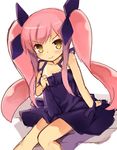  &gt;:) arm_support bangs bare_arms bare_shoulders blush brown_eyes closed_mouth dress eyebrows_visible_through_hair hair_ribbon kousaka_alice kurasuke long_hair looking_at_viewer pink_hair purple_dress purple_ribbon ribbon simple_background sitting sketch sleeveless sleeveless_dress smile solo suigetsu tan tanline twintails v-shaped_eyebrows very_long_hair white_background 