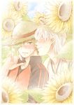  blush cheek_kiss couple eiko_(ei1521) field flower flower_field green_eyes green_hair hair_over_one_eye hat jacket kiss male_focus multiple_boys sun_hat sunflower sweat tasuki touken_ranbu track_jacket tsurumaru_kuninaga uguisumaru upper_body white_hair yaoi 