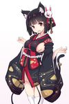  animal_ears azur_lane bangs bell black_hair black_kimono blunt_bangs breasts cat_ears cat_tail commentary_request cowboy_shot fang hands_up highres japanese_clothes jingle_bell kimono large_breasts looking_at_viewer mel_(melty_pot) open_mouth panties red_eyes short_hair short_kimono side-tie_panties sideboob simple_background smile solo tail tail_bell thighhighs underwear white_background white_legwear white_panties wide_sleeves yamashiro_(azur_lane) 