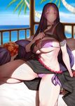  bikini black_serafuku breasts cleavage covered_nipples eyepatch_bikini fate/grand_order fate_(series) ion_(cation) large_breasts long_hair minamoto_no_raikou_(fate/grand_order) minamoto_no_raikou_(swimsuit_lancer)_(fate) navel parted_lips purple_bikini purple_eyes purple_hair school_uniform seiza serafuku shirt_lift sitting skirt solo swimsuit thighs underboob very_long_hair 