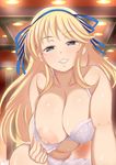  1girl areolae black_eyes blonde_hair blush bra bra_pull breasts cleavage collarbone female flashing hair_ornament hair_ribbon indoors katsuragi_(senran_kagura) large_areolae large_breasts long_hair looking_at_viewer naughty_face nipples one_breast_out panties pyonpyonmaru ribbon senran_kagura senran_kagura_(series) smile solo sweat underwear white_bra white_panties 