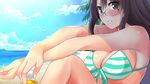  :d aqua_bikini bare_shoulders beach bikini black_eyes black_hair blue_sky blush bottle breasts cleavage cloud day glasses highres large_breasts looking_at_viewer miracle_hoshi morikawa_mio open_mouth original outdoors palm_tree parted_lips sitting sky smile solo striped striped_bikini swimsuit tree water 