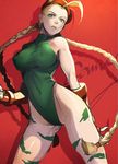  amg_(nwmnmllf) ass_visible_through_thighs bare_shoulders blonde_hair braid breasts cammy_white commentary_request covered_navel covered_nipples cowboy_shot facial_scar fingerless_gloves gloves green_eyes green_leotard hat large_breasts legs_apart leotard lips long_hair looking_at_viewer orange_gloves parted_lips red_background red_hat scar scar_on_cheek solo standing street_fighter street_fighter_ii_(series) twin_braids very_long_hair 