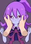  black_sclera blush clenched_hands closed_mouth demon_girl floating_hand konarofu looking_at_viewer musume purple_hair purple_skin red_eyes ribbon v_yuusha_no_kuse_ni_namaiki_da_r yuusha_no_kuse_ni_namaiki_da 