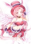  :d angel_wings animal_ears bad_id bad_pixiv_id bangs bare_shoulders blush bunny_ears choker feathered_wings feathers frilled_skirt frills full_moon_wo_sagashite gloves hat highres long_hair meroko_yui midriff mullpull navel open_mouth parted_bangs pink_eyes pink_hair red_gloves red_skirt skirt skirt_set smile solo thighhighs top_hat very_long_hair white_background white_feathers white_legwear wings wrist_cuffs zettai_ryouiki 