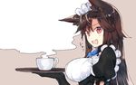  alternate_costume animal_ears apron bangs black_gloves blue_ribbon breasts brown_background brown_hair coffee_mug commentary_request cup enmaided fang from_side gloves holding holding_tray imaizumi_kagerou kasuka_(kusuki) large_breasts long_hair looking_at_viewer looking_to_the_side maid maid_apron maid_headdress mug open_mouth red_eyes ribbon short_sleeves solo steam touhou tray upper_body wolf_ears 