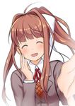  :d ^_^ ^o^ ahoge bangs blazer blunt_bangs blush bow breasts brown_hair closed_eyes collateral_damage_studios commentary doki_doki_literature_club eyebrows_visible_through_hair facing_viewer foreshortening hair_bow hand_on_own_cheek high_ponytail jacket long_sleeves medium_breasts monika_(doki_doki_literature_club) neck_ribbon open_mouth outstretched_arm ribbon school_uniform shirt smile solo teeth upper_body white_bow white_shirt wing_collar 