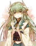  :d commentary_request fan fate/grand_order fate_(series) folding_fan green_hair horns japanese_clothes kazutake_hazano kimono kiyohime_(fate/grand_order) long_hair looking_at_viewer obi open_mouth sash smile solo yellow_eyes 