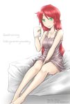  aosiro-michi artist_name bed breasts cleavage coffee_mug commentary_request cup dated english green_eyes hair_down highres mug nightgown pyrrha_nikos red_hair rwby smile solo 