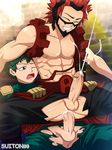  2boys abs anal boku_no_hero_academia cum cum_in_ass cum_while_penetrated cumdrip ejaculation erection green_hair male_focus multiple_boys muscle nipples orgasm pecs penetration penis red_hair sex straddling suiton sweat tagme testicles torn_clothes yaoi 