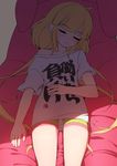  bangs bike_shorts blunt_bangs blush closed_eyes clothes_writing commentary eyebrows_visible_through_hair facing_viewer feet_out_of_frame futaba_anzu hand_on_own_stomach hizashi_no_naka_no_real idolmaster idolmaster_cinderella_girls long_hair low_twintails lying off_shoulder on_back parted_lips rheez shade shadow shirt short_sleeves single_bare_shoulder sleeping solo twintails very_long_hair white_shirt 