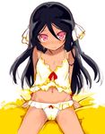  3: arm_support babydoll bangs bare_arms bare_shoulders black_hair blush bow bow_babydoll bow_panties cameltoe closed_mouth frilled_panties frills hair_between_eyes hair_ribbon head_tilt kurasuke long_hair looking_at_viewer navel nose_blush original panties pink_eyes red_bow ribbon sitting sketch solo tareme underwear underwear_only very_long_hair white_ribbon yellow_babydoll yellow_panties 