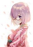  bangs black-framed_eyewear blurry breasts depth_of_field eyebrows_visible_through_hair fate/grand_order fate_(series) from_side glasses hair_over_one_eye highres japanese_clothes kimono lavender_hair long_sleeves looking_at_viewer mash_kyrielight medium_breasts obi petals pink_kimono purple_eyes sash short_hair smile solo upper_body white_background zhibuji_loom 