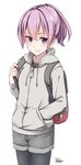  :| absurdres anchor_symbol artist_name backpack bag bangs black_legwear blue_eyes blush cat_zipper closed_mouth cowboy_shot dated eyebrows_visible_through_hair grey_hoodie grey_shorts hair_tie hand_in_pocket highres holding_strap hood hood_down kantai_collection legs_together long_sleeves looking_to_the_side pantyhose pink_hair plasbott pocket ponytail shiranui_(kantai_collection) short_shorts shorts signature simple_background solo white_background zipper zipper_pull_tab 
