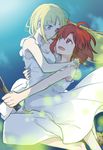  2girls blonde_hair breasts broom cleavage couple dress flying happy hug izetta izetta_(shuumatsu_no_izetta) multiple_girls night open_mouth ortfine_fredericka_von_eylstadt purple_eyes red_eyes red_hair shuumatsu_no_izetta sky smile white_dress yuri 