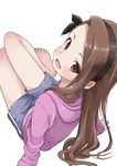  absurdres bare_legs blush boyshorts brown_eyes brown_hair forehead from_above hairband highres hood hoodie idolmaster idolmaster_(classic) long_hair looking_at_viewer minase_iori open_mouth simple_background sitting smile solo white_background yamamoto_souichirou 