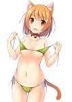  :d animal_ears ass_visible_through_thighs bell bell_collar bikini bikini_lift blush breasts brown_eyes brown_hair cat_ears cat_tail cleavage collar collarbone commentary_request cowboy_shot eyebrows_visible_through_hair green_bikini groin highres holding_strap jingle_bell looking_at_viewer medium_breasts micro_bikini navel open_mouth original paw_hair_ornament shibacha short_hair side-tie_bikini simple_background smile solo string_bikini swimsuit tail thigh_gap white_background 