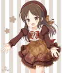  :d bangs beret blush bow bowtie brown_bow brown_eyes brown_hair brown_hat brown_shirt brown_skirt collarbone collared_shirt commentary_request eyebrows_visible_through_hair frilled_shirt frills hat head_tilt idolmaster idolmaster_cinderella_girls idolmaster_cinderella_girls_starlight_stage juliet_sleeves kaiware-san long_sleeves looking_at_viewer open_mouth outstretched_arms parted_bangs plaid plaid_bow plaid_skirt print_skirt puffy_sleeves red_neckwear shirt skirt sleeves_past_wrists smile solo standing standing_on_one_leg striped striped_background tachibana_arisu vertical-striped_background vertical_stripes white_shirt 