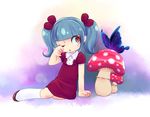  arm_support bangs blue_hair blunt_bangs brown_eyes bug butterfly chibi collared_shirt commentary_request dress insect looking_away looking_to_the_side mushroom one_eye_closed ouhashi_(yumenosukima) parted_lips red_dress shirt shoes sitting socks solo twintails white_legwear wiping_face 