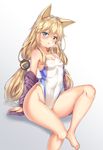  animal_ears bare_legs barefoot blonde_hair blue_eyes blush breasts cenangam commentary competition_swimsuit covered_navel g41_(girls_frontline) girls_frontline gradient gradient_background heterochromia highres knee_up long_hair looking_at_viewer one-piece_swimsuit parted_lips red_eyes sitting small_breasts solo swimsuit thighs very_long_hair white_swimsuit 