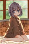  bangs bare_legs barefoot bed_sheet blue_eyes blush brown_cloak cloak closed_mouth commentary_request day eyebrows_visible_through_hair full_body hair_between_eyes indoors looking_at_viewer original purple_hair sitting smile solo tree wariza window yuuhagi_(amaretto-no-natsu) 