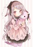  :t animal_ears black_bow black_hairband black_ribbon blush bow brown_hair bunny_ears chico152 collar commentary_request dress frilled_collar frills full_body hair_bow hairband highres kneeling layered_dress long_hair long_sleeves looking_at_viewer no_shoes object_hug original pantyhose pink_dress pink_eyes pink_legwear pleated_dress pout print_dress print_legwear ribbon solo striped striped_background stuffed_animal stuffed_bunny stuffed_toy vertical-striped_background vertical_stripes very_long_hair white_collar 