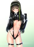  absurdres black_gloves black_hair black_leotard blush breasts brown_eyes cameltoe center_opening closed_mouth commentary_request contrapposto cosplay covered_nipples cowboy_shot gantz gantz_suit girls_frontline gloves gradient gradient_background green_background green_hair hand_on_own_chest head_tilt headset highres legs_apart leotard lips long_hair looking_at_viewer m4a1_(girls_frontline) medium_breasts multicolored_hair revealing_clothes shiny shiny_hair shiny_skin solo standing streaked_hair thigh_strap ukeuke underboob 