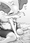  1girl animal_ears bed_sheet between_legs blush bow braixen chemise condom condom_in_mouth female fox_ears fox_tail furry grey_background greyscale half-closed_eyes hand_between_legs heart lingerie looking_up monochrome mouth_hold negoya no_humans panties pokemon pokemon_(creature) pokemon_xy simple_background sitting smile solo spoken_heart strap_slip tail text thighhighs translation_request underwear 