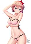  artist_name ass_visible_through_thighs blue_eyes blush bodypaint bow bow_panties bra breasts brown_hair closed_mouth collarbone commentary covered_nipples crotchless_panties cupless_bra dearonnus doki_doki_literature_club english eyebrows_visible_through_hair hair_bow hand_behind_head head_tilt highres navel painted_clothes panties red_bow sayori_(doki_doki_literature_club) short_hair smile solo underwear unfastened white_background 
