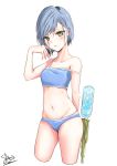  1girl absurdres alternate_costume blue_hair blue_swimsuit blush breasts cropped_legs darling_in_the_franxx green_eyes groin highres ichigo_(darling_in_the_franxx) ichikawayan looking_at_viewer navel off_shoulder short_hair small_breasts solo swimsuit thighs water_gun white_background 