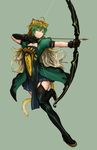  ahoge animal_ears atalanta_(fate) blonde_hair bow_(weapon) cat_ears cat_tail closed_mouth dress fate/apocrypha fate_(series) gauntlets green_dress green_eyes green_hair highres hikichi_sakuya holding holding_bow_(weapon) holding_weapon long_hair multicolored_hair simple_background solo tail thighhighs two-tone_hair very_long_hair weapon 