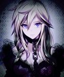  blue_eyes chain close-up closed_mouth collar dress expressionless hair_between_eyes long_hair looking_at_viewer maruchi purple_dress solo white_hair 