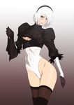  1girl blue_eyes breasts female game_cg leotard lime_(purple_haze) looking_at_viewer nier_(series) nier_automata partially_visible_vulva shiny_skin short_hair silver_hair sweat yorha_no._2_type_b 