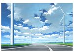  bad_pixiv_id blue_sky cloud cloudy_sky commentary_request day field grass hariken highres horizon lake nature no_humans original outdoors road scenery sky water wind_turbine windmill 