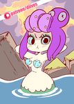  :t animated animated_gif arms_behind_head arms_up blue_eyes blush bouncing_breasts breasts cala_maria_(cuphead) cleavage cuphead_(game) diives looking_at_viewer mermaid monster_girl navel partially_submerged pout purple_hair shell shell_bikini solo stomach swaying tentacle_hair water 