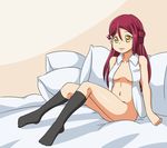  10s 1girl bed breasts brown_eyes cleavage hair_ornament long_hair looking_at_viewer love_live! love_live!_sunshine!! lunarisaileron medium_breasts navel no_bra on_bed open_clothes pillow red_hair sakurauchi_riko sitting smile solo thighhighs 