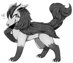  1girl animal_ears claws feet female full_body furry greyscale grin half-closed_eyes hand_up heart looking_to_the_side mightyena monochrome negoya no_humans paws pokemon pokemon_(creature) pokemon_rse simple_background smile solo standing tail teeth white_background wolf wolf_ears 