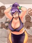  3boys armpits breasts cleavage fat glasses hair_tie hair_tie_in_mouth huge_breasts midriff mole mouth_hold multiple_boys original purple_hair teatime_(mike) yellow_eyes 