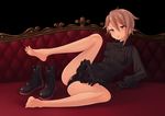  :o ange_(princess_principal) ankle_boots arm_support bare_legs barefoot black_background black_footwear black_gloves black_leotard blush boots boots_removed breasts breasts_apart brown_hair commentary_request couch cross-laced_footwear feet full_body fur-trimmed_sleeves fur_trim gloves hair_between_eyes highres lace-up_boots leg_up leotard long_sleeves looking_at_viewer lying nishikasai_munieru on_back on_couch open_mouth plantar_flexion princess_principal purple_eyes shoes short_hair simple_background small_breasts soles solo spread_legs toes tsurime 