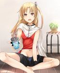 :o azur_lane bangs bare_arms bare_legs barefoot black_gloves black_shorts blonde_hair blue_panties blush breasts cape cleveland_(azur_lane) commentary_request cup drink drinking_straw eyebrows_visible_through_hair fingerless_gloves foreshortening gloves gradient gradient_background grey_background headgear holding holding_cup indian_style light_particles long_hair looking_at_viewer navel on_floor one_side_up open_fly open_mouth outstretched_arm panties panty_peek parted_bangs plant potted_plant red_eyes red_shirt shirt shorts sitting sleeveless small_breasts solo stool takeume tied_shirt underwear unzipped water white_cape wooden_floor 
