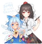  2girls black_hair black_ribbon black_skirt blue_bow blue_dress blue_eyes blue_hair blush bow cirno collared_shirt commentary dated dress flower fountain_pen frilled_sleeves frills grin hair_between_eyes hair_bow hajin hand_on_another's_head hat height_difference ice ice_wings leaf leaf_print looking_at_viewer morning_glory multiple_girls neck_ribbon one_eye_closed pen pom_pom_(clothes) puffy_short_sleeves puffy_sleeves purple_flower red_eyes red_flower red_hat ribbon shameimaru_aya shirt short_sleeves skirt smile sunflower tan tanned_cirno tokin_hat touhou white_background white_shirt wings 