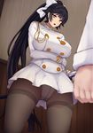  azur_lane black_hair bow breasts brown_eyes check_commentary commentary_request gloves gusset hair_bow highres large_breasts long_hair looking_at_viewer military military_uniform miniskirt panties panties_under_pantyhose pantyhose pleated_skirt ponytail skirt takao_(azur_lane) thighband_pantyhose underwear uniform very_long_hair white_gloves yuzumiya_mono 